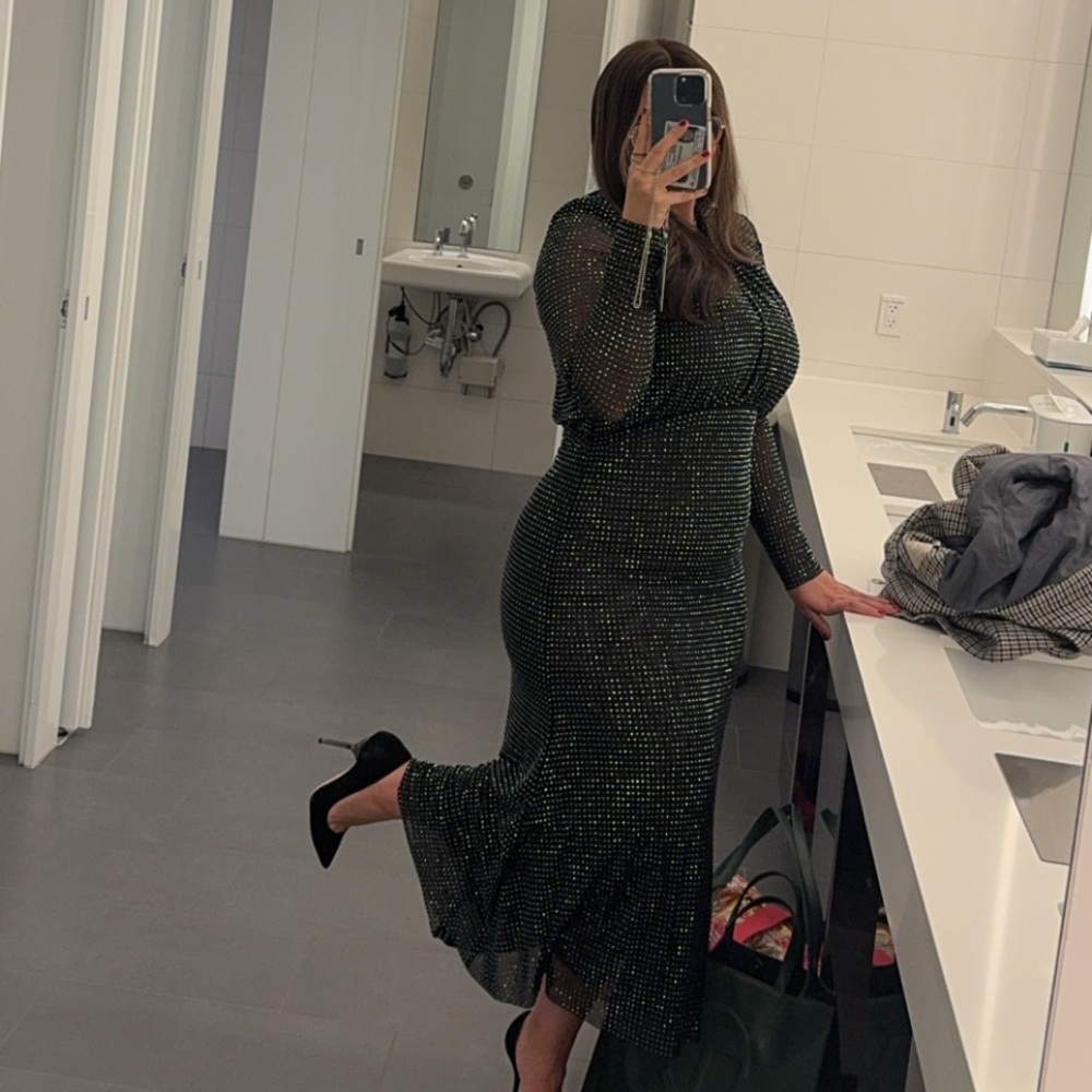 Self-Portrait Black Long Sleeve Rhinestone midi Dress - Picture 2 of 5